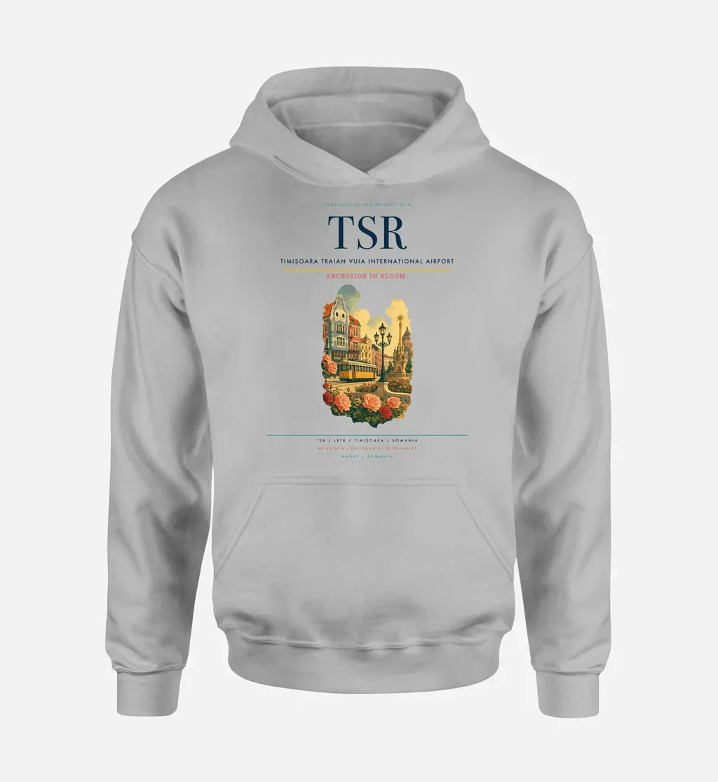 Timișoara Traian Vuia International Airport (TSR) design on light gray hoodie single-side print