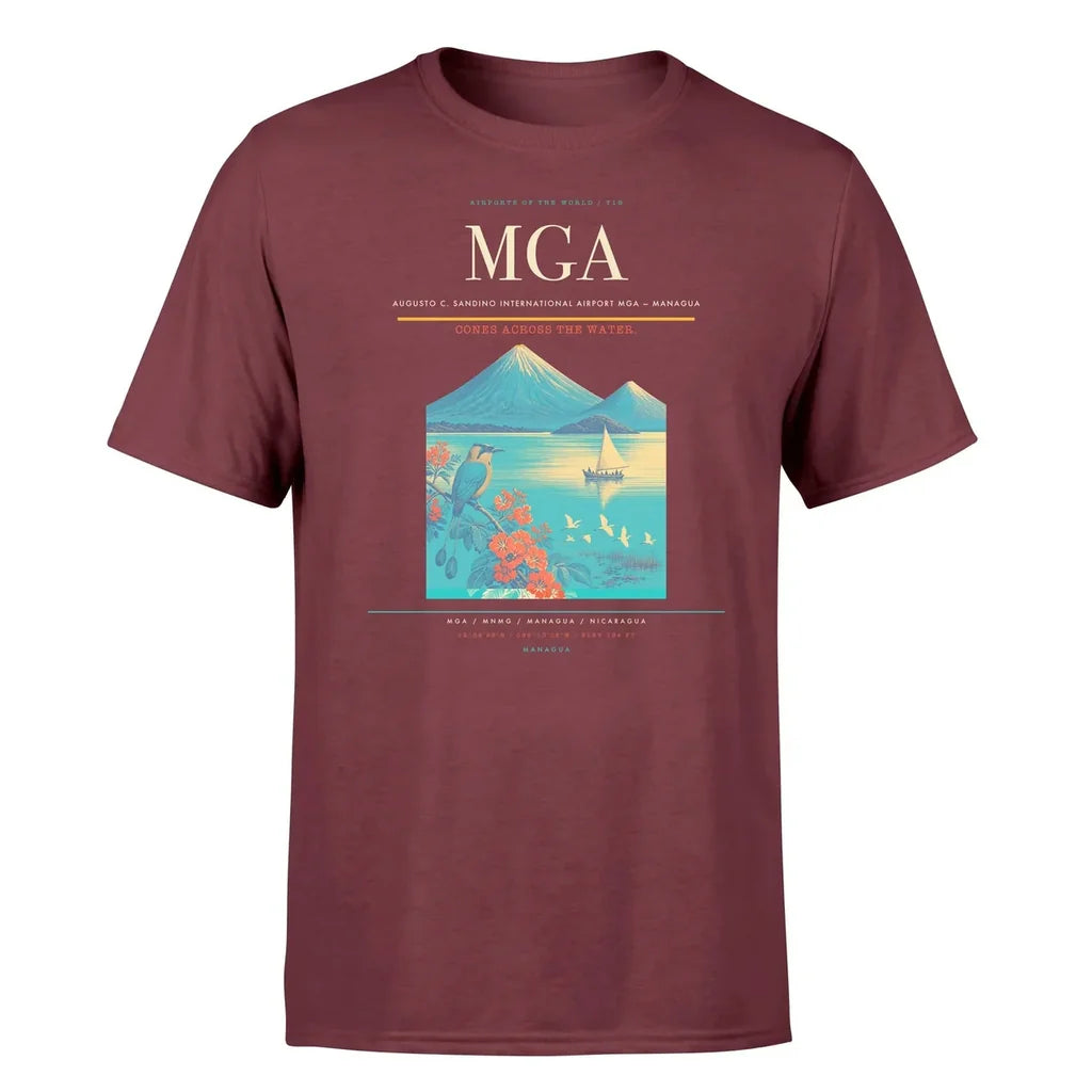 Augusto C. Sandino International Airport (MGA) T-Shirt single-side front print in Dark Red | augusto-c-sandino-international-airport-mga-double-side-t-shirt
