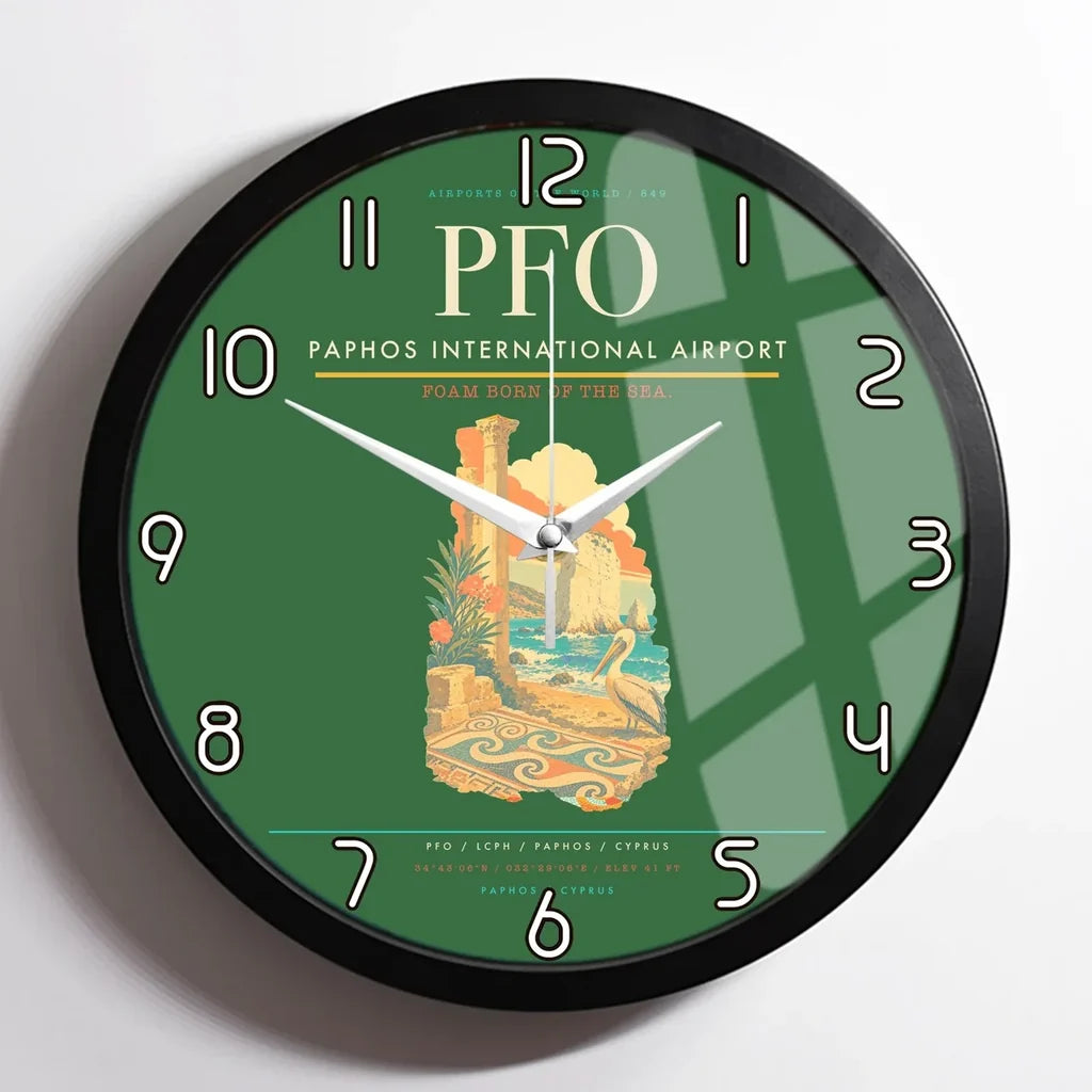 Paphos International Airport (PFO) design on green framed wall clock