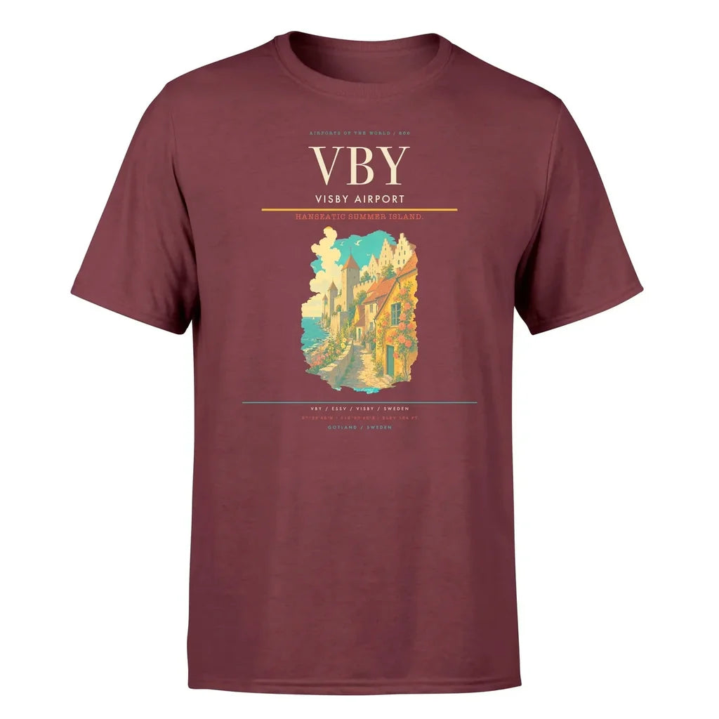 Visby Airport (VBY) T-Shirt single-side front print in Dark Red | visby-airport-vby-double-side-t-shirt