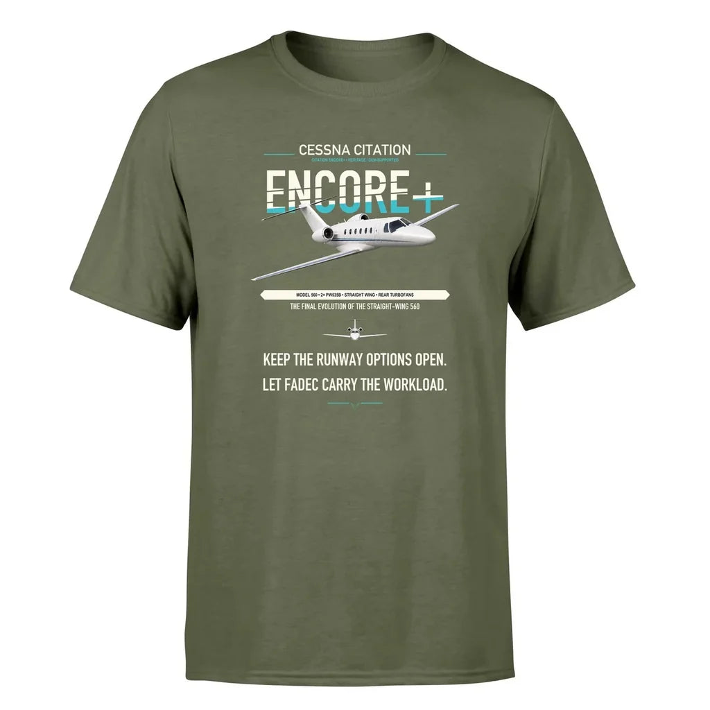 Cessna Citation Encore+ design on green army double-side t-shirt, single-side print
