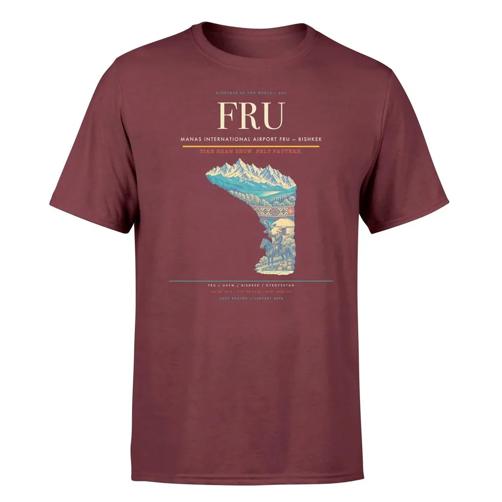Manas International Airport (FRU) T-Shirt single-side front print in Dark Red | manas-international-airport-fru-double-side-t-shirt