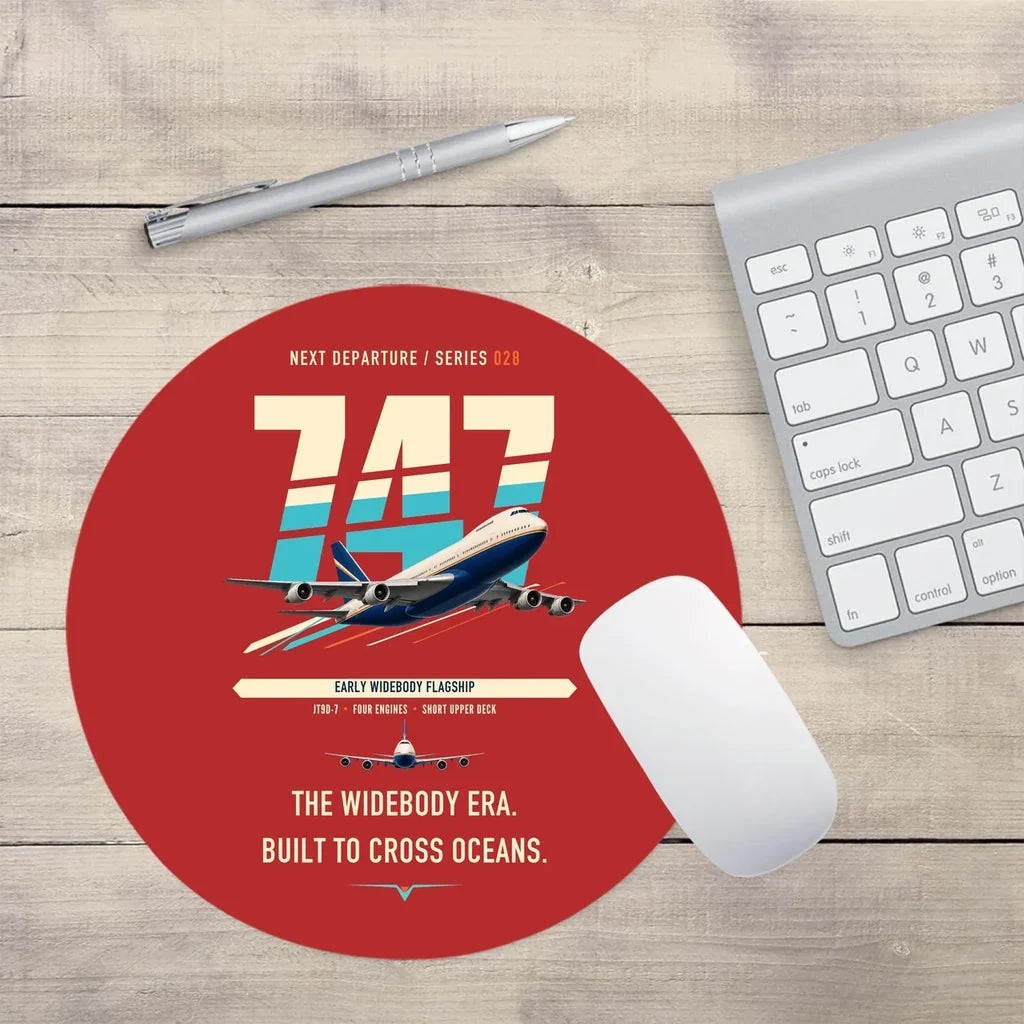 Boeing 747-200B design on red round mouse pad