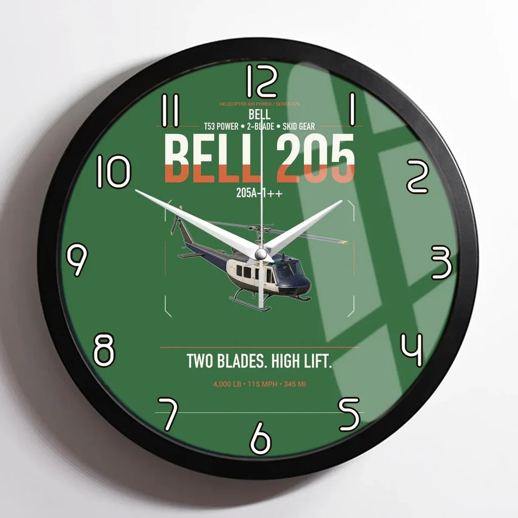Bell 205A-1++ design on green framed wall clock