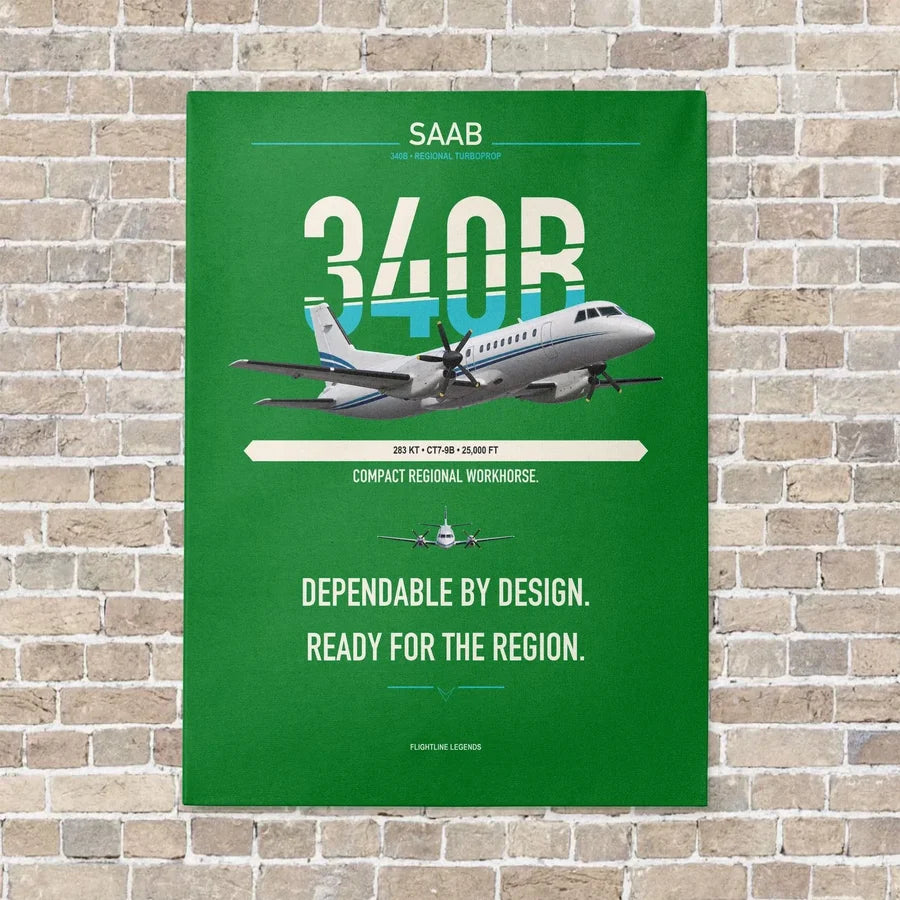 Saab 340B vertical canvas print - no frame - green background