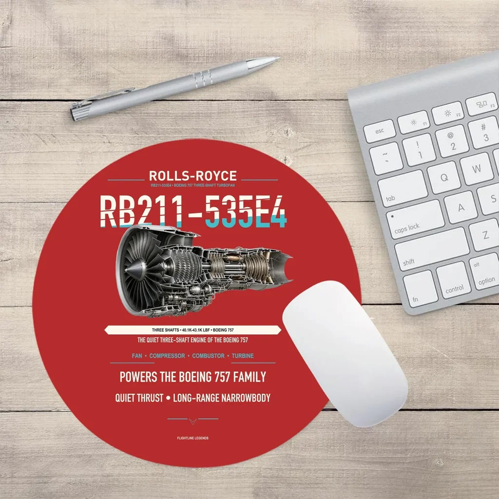 RB211-535E4 design on red round mouse pad