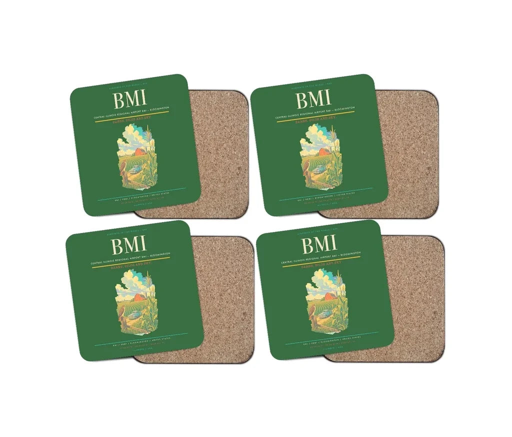 Central Illinois Regional Airport (BMI) design on green 4 pieces set coaster