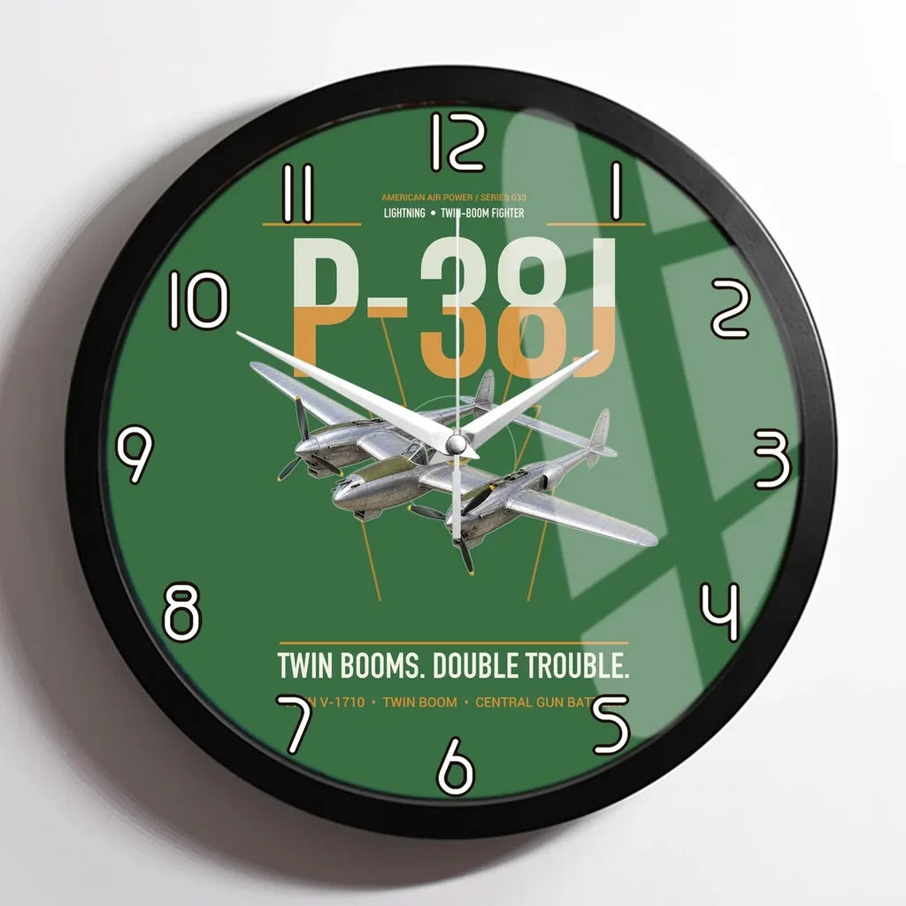 P-38J Lightning design on green framed wall clock