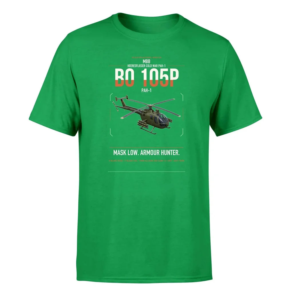 MBB BO 105P PAH-1 design on green t-shirt, single-side print
