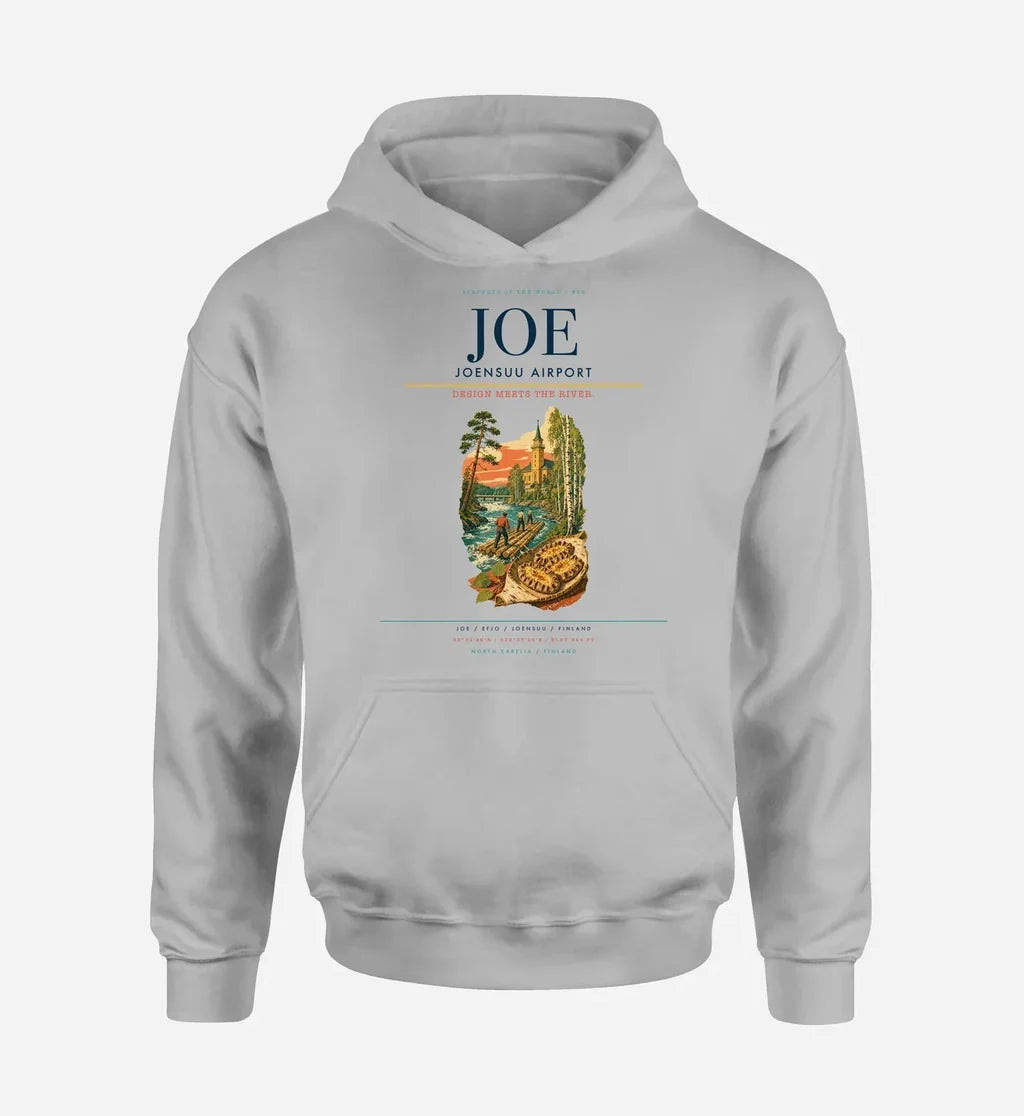 Joensuu Airport (JOE) design on light gray hoodie single-side print