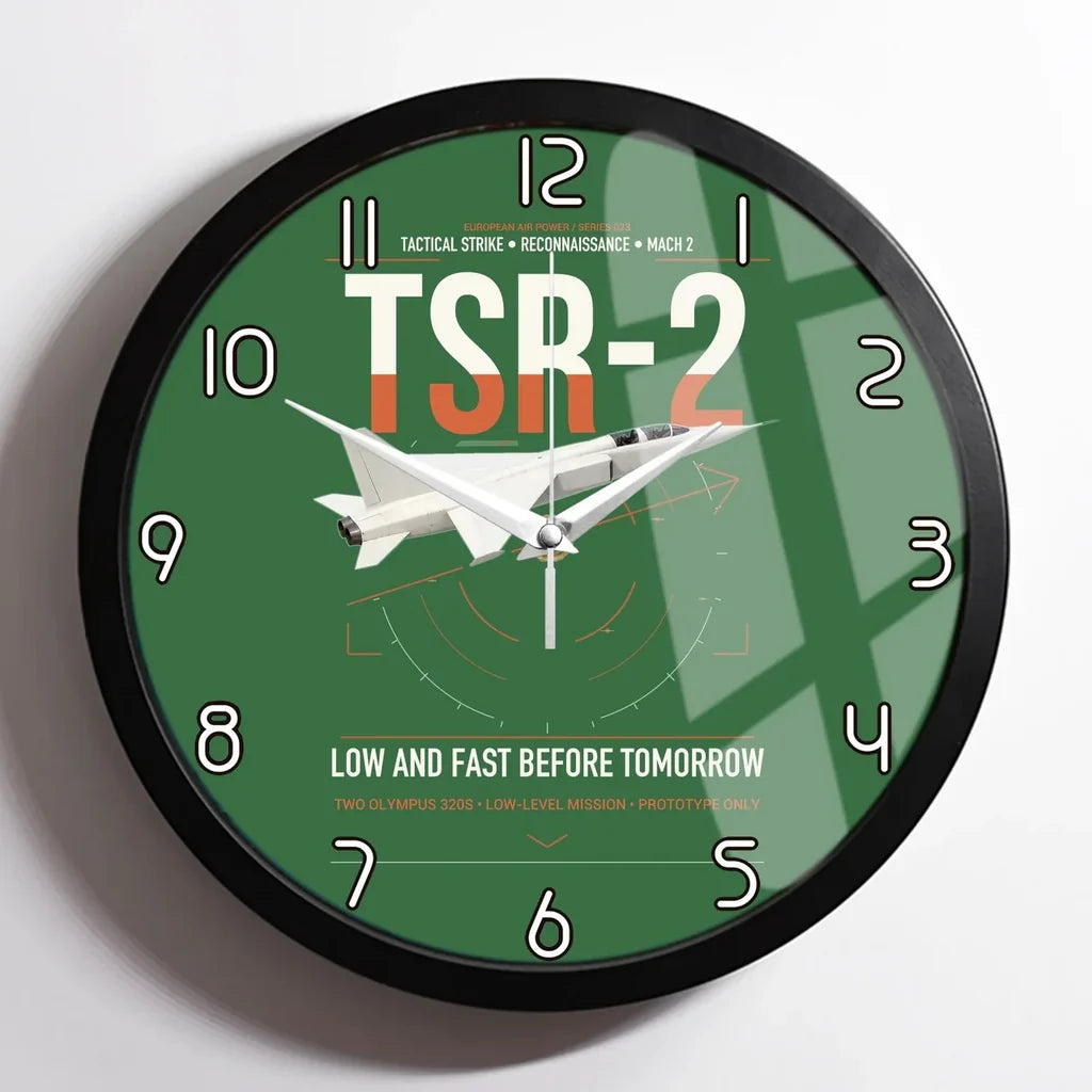 BAC TSR-2 design on green framed wall clock