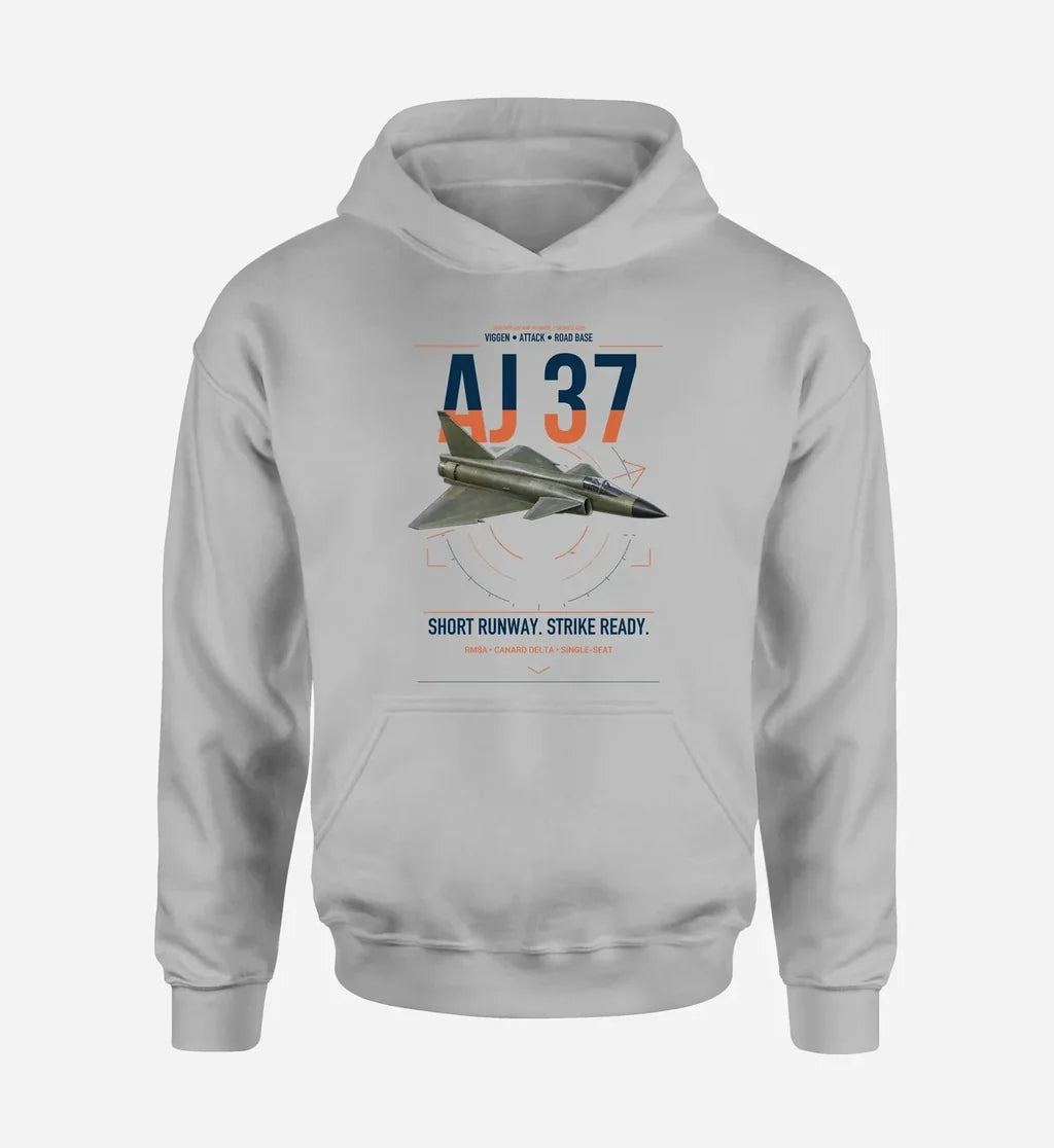 Saab AJ 37 Viggen design on light gray double-side hoodie, single-side print