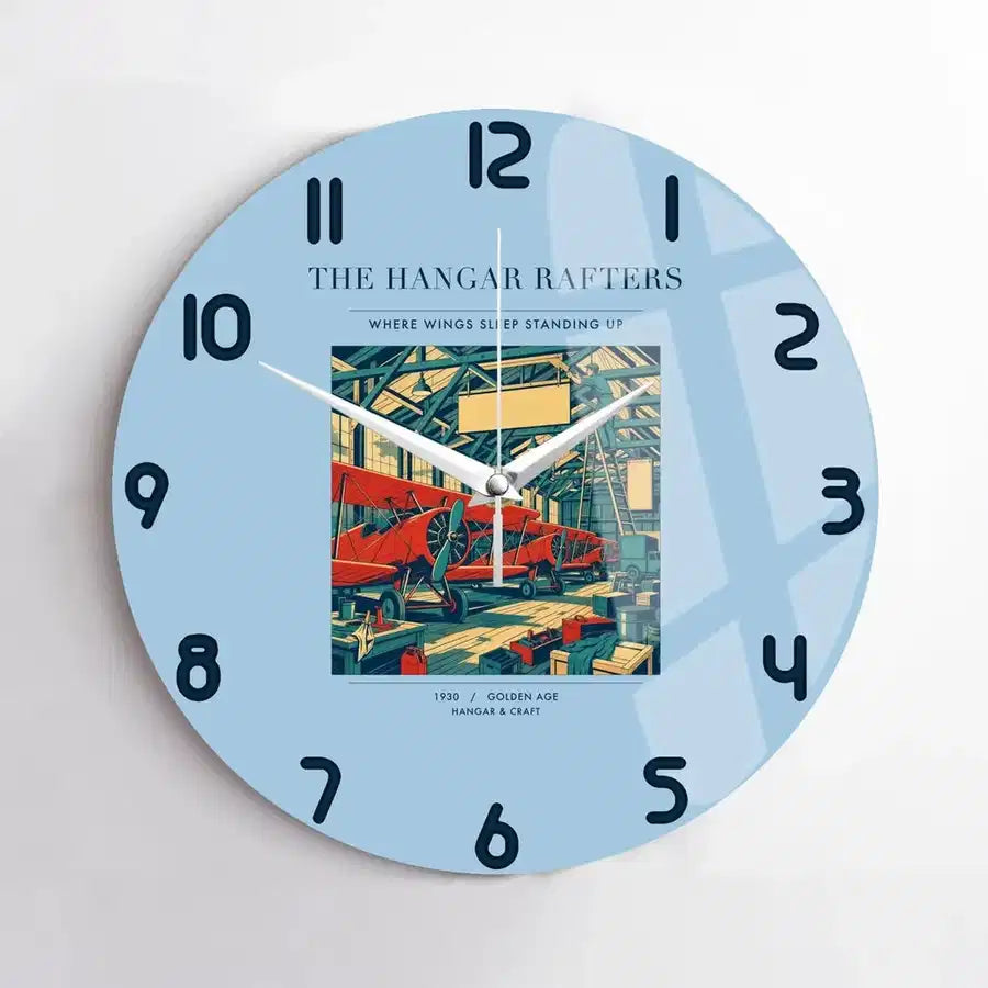 VINTAGE G4166 - The Hangar Rafters - Designed Wall Clocks design on lightblue no-frame