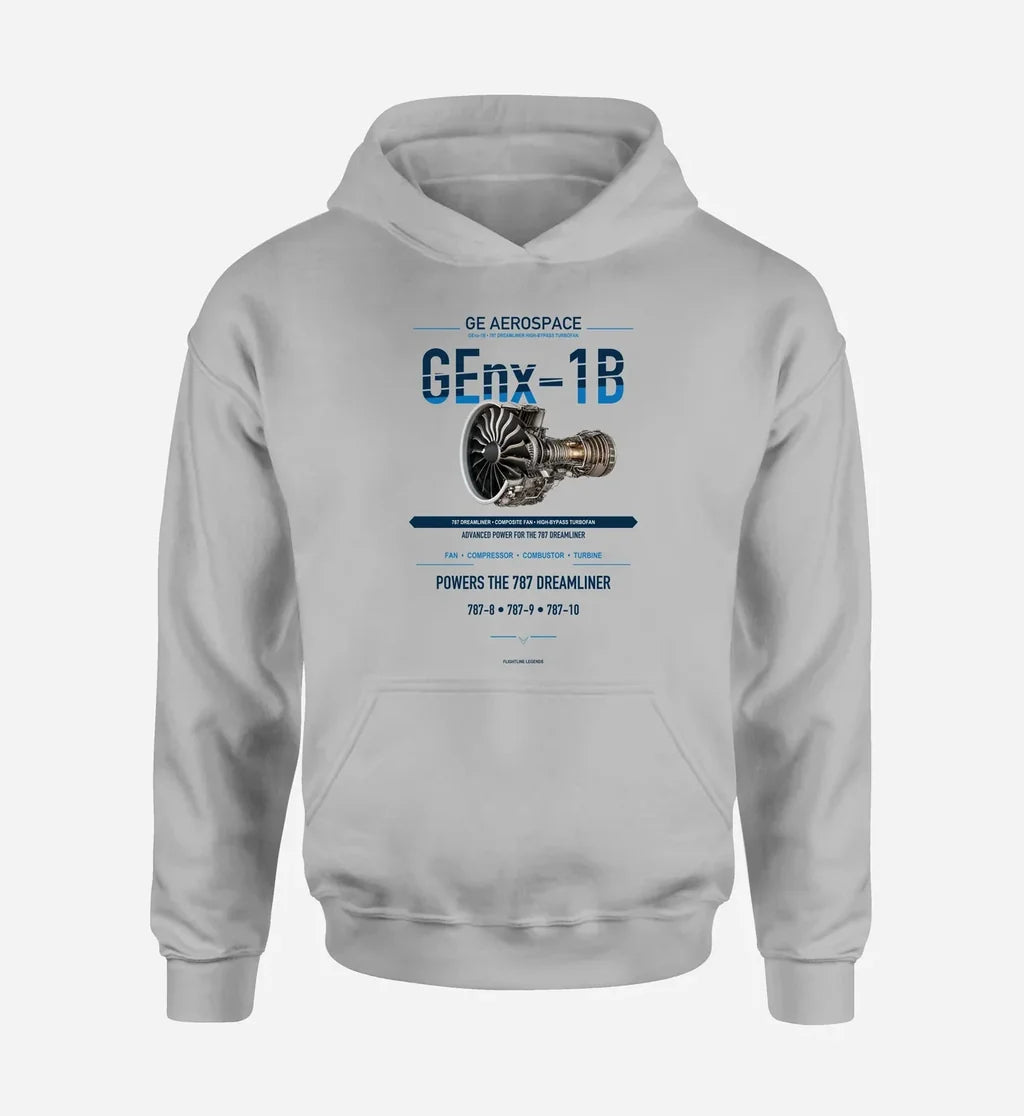 GEnx-1B design on light gray hoodie single side
