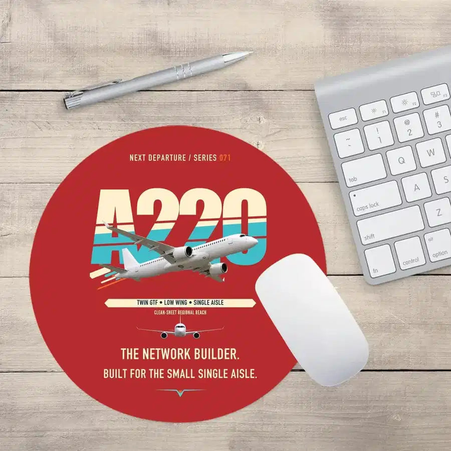 Airbus A220-300 design on red round mouse pad