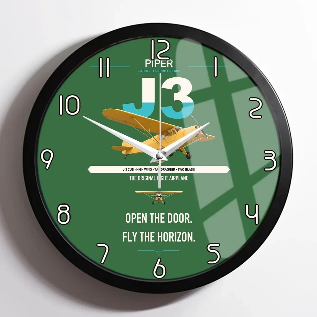 Piper J-3 Cub design on green framed wall clock