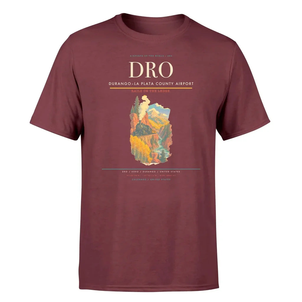 Durango–La Plata County Airport (DRO) T-Shirt single-side front print in Dark Red | durangola-plata-county-airport-dro-double-side-t-shirt