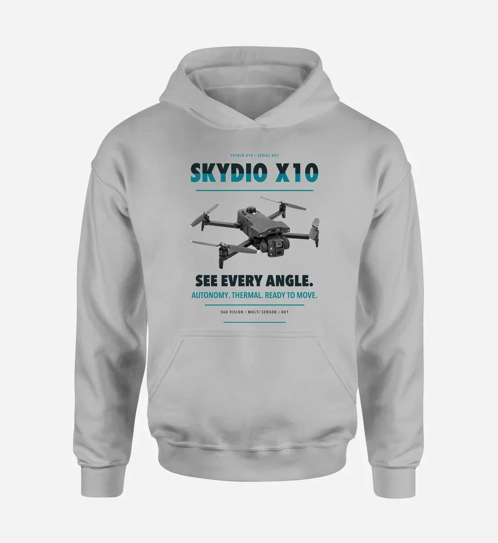 Skydio X10 design on light gray hoodie single side