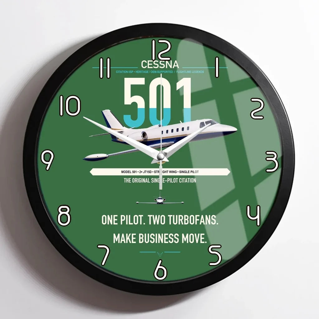 Cessna 501 Citation I SP design on green framed wall clock