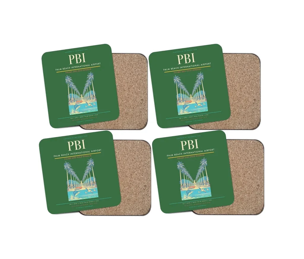 Palm Beach International Airport (PBI) design on green 4 pieces set coaster