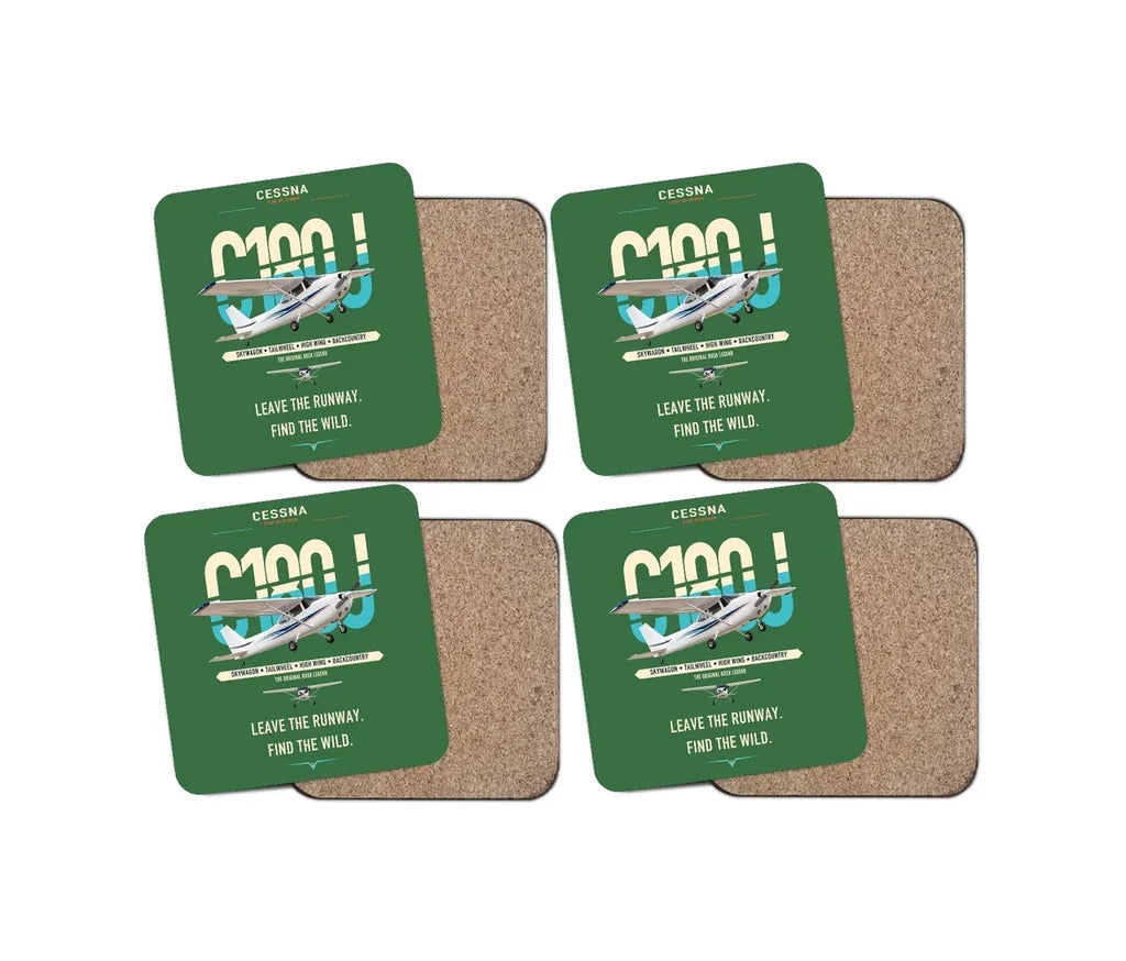 Cessna 180J Skywagon design on green 4 pieces set coaster
