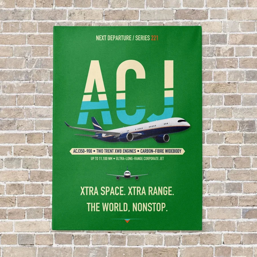 Airbus ACJ350 / exact ACJ350-900 vertical canvas print - no frame - green background
