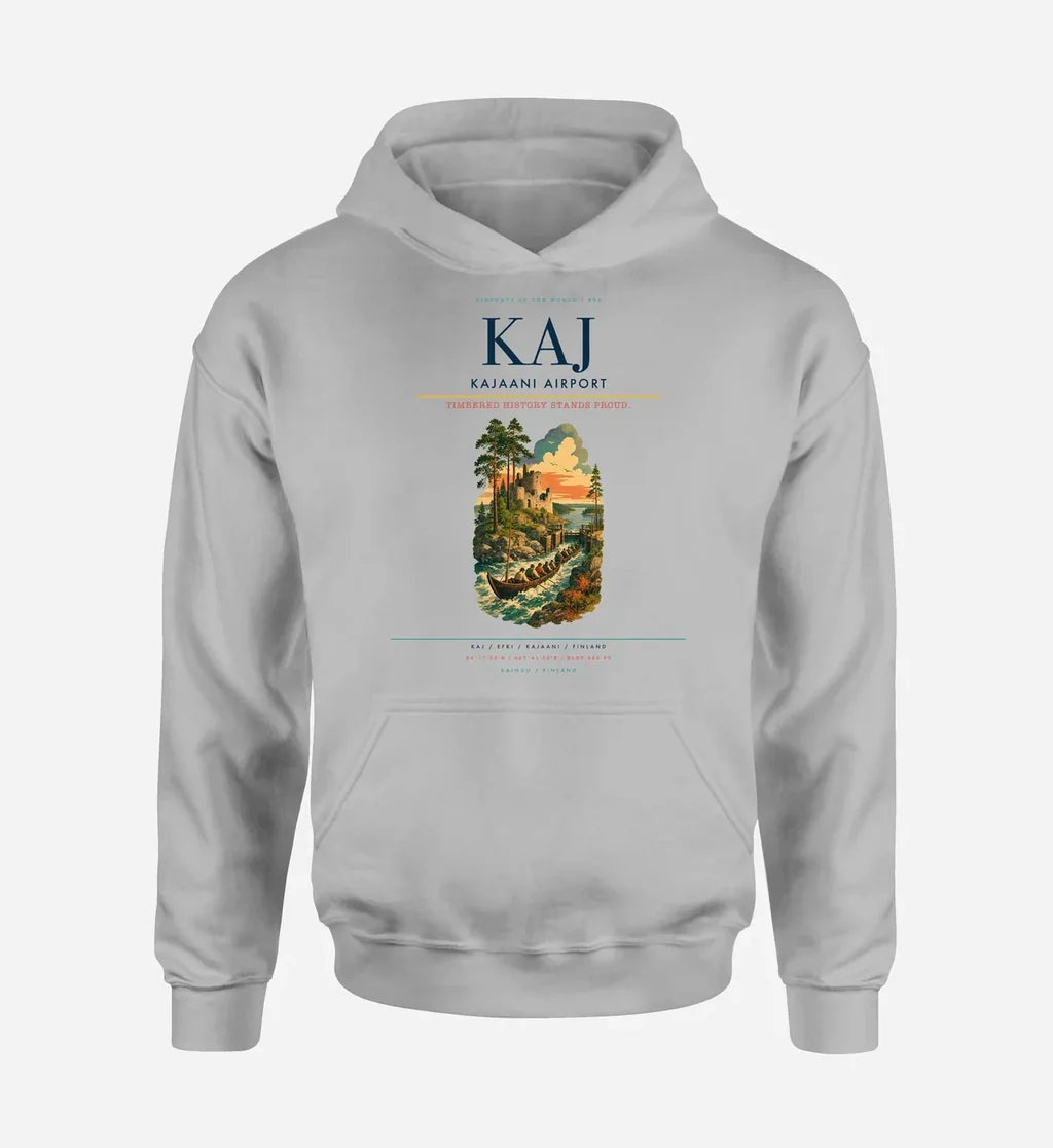 Kajaani Airport (KAJ) design on light gray hoodie single-side print