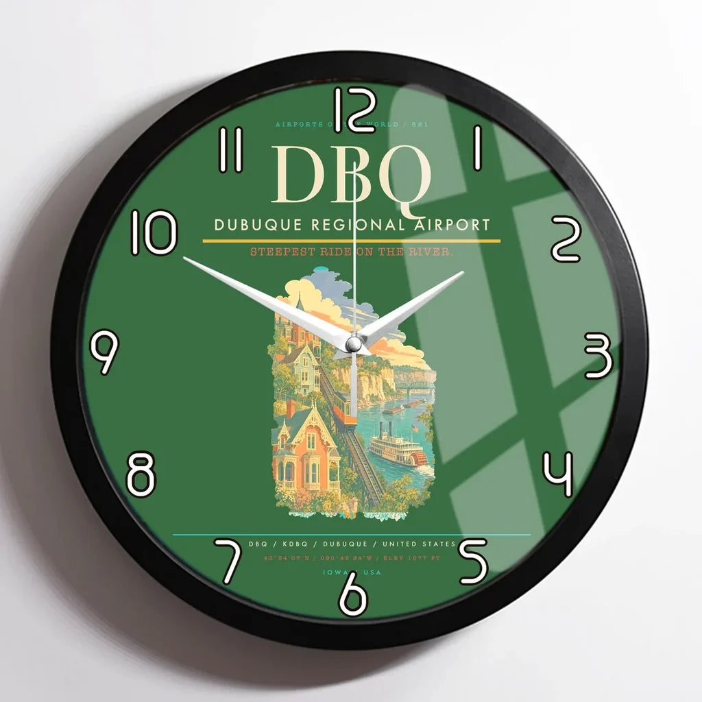 Dubuque Regional Airport (DBQ) design on green framed wall clock