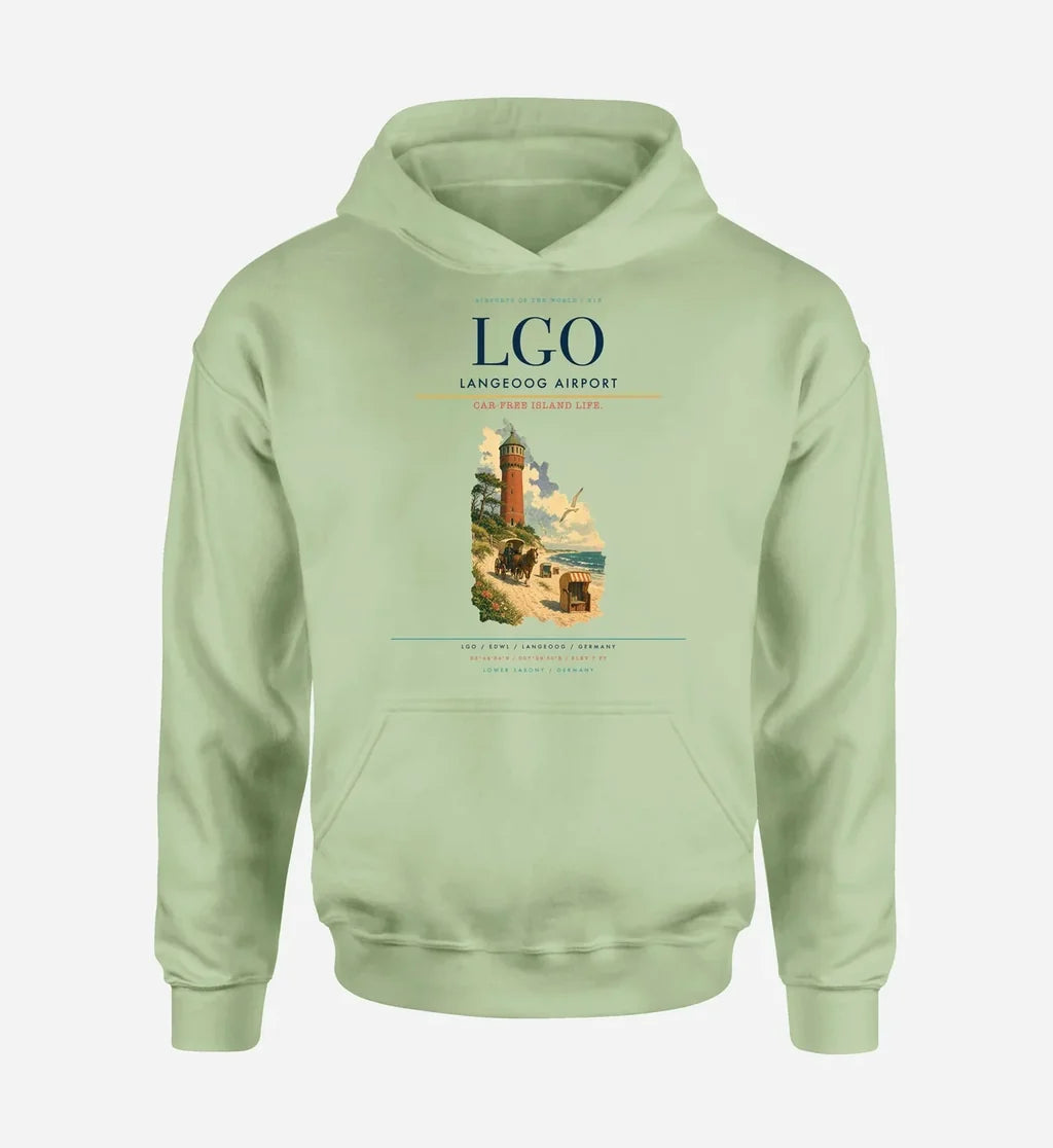 Langeoog Airport (LGO) design on light green hoodie single-side print
