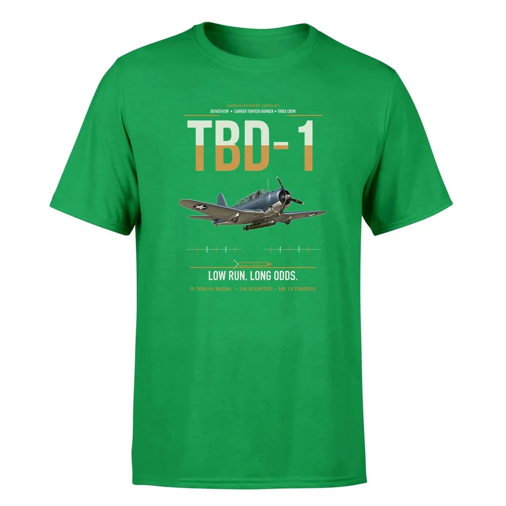 TBD-1 Devastator design on green double-side t-shirt, single-side print