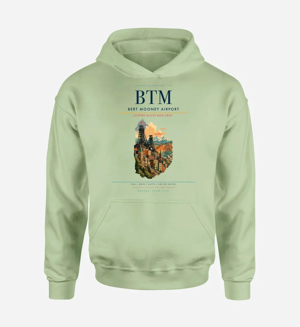 Bert Mooney Airport (BTM) design on light green hoodie single-side print