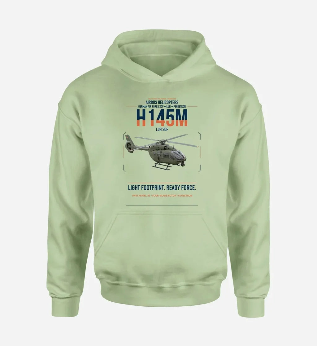 Airbus Helicopters H145M LUH SOF design on light green double-side hoodie, single-side print