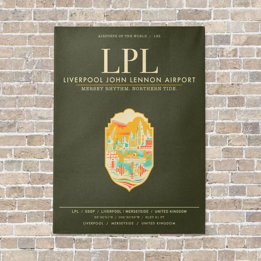 Liverpool John Lennon Airport LPL vertical canvas print - no frame - green army background