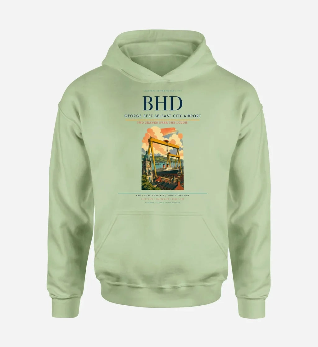 George Best Belfast City Airport (BHD) design on light green hoodie single-side print