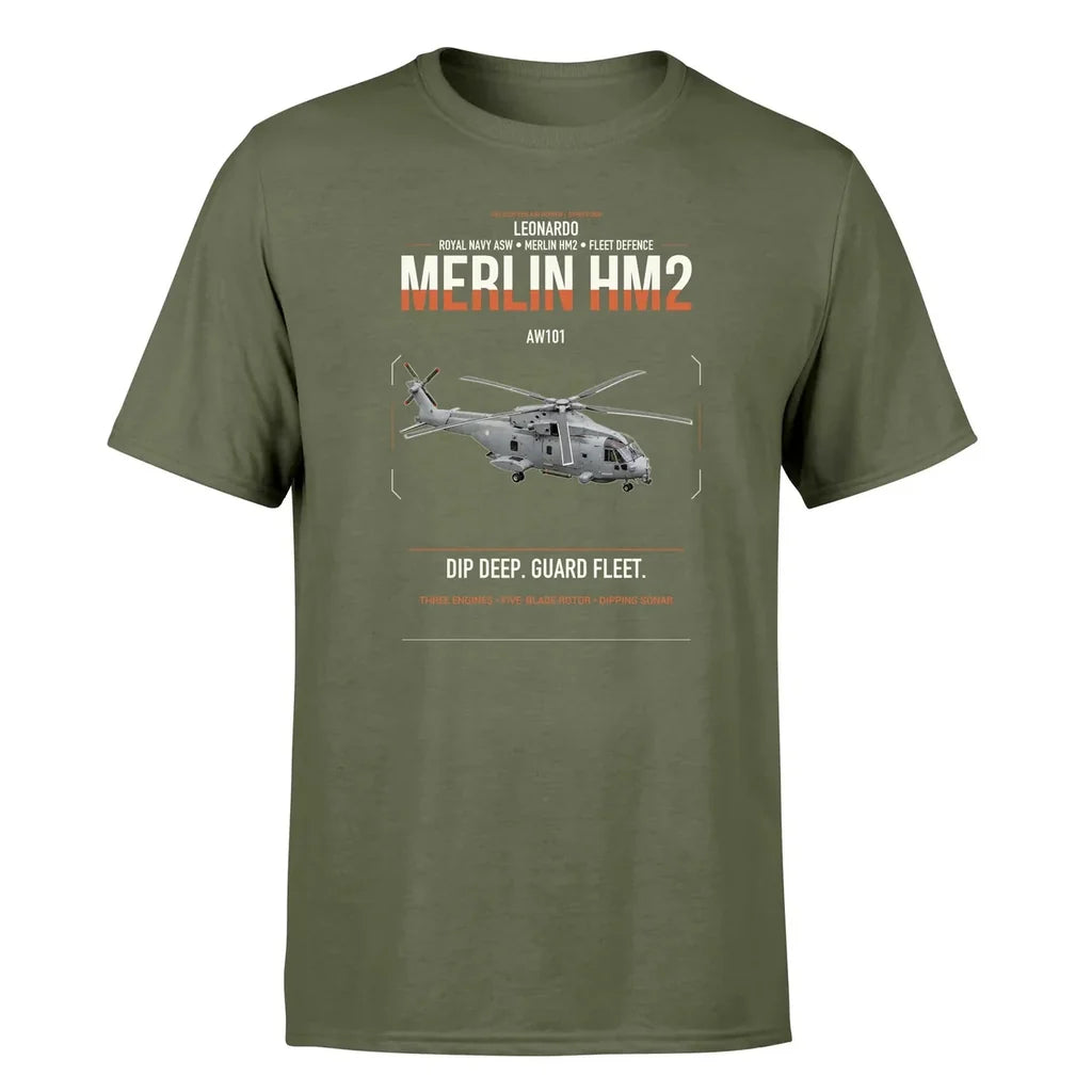 Leonardo AW101 Merlin HM2 design on green army t-shirt, single-side print