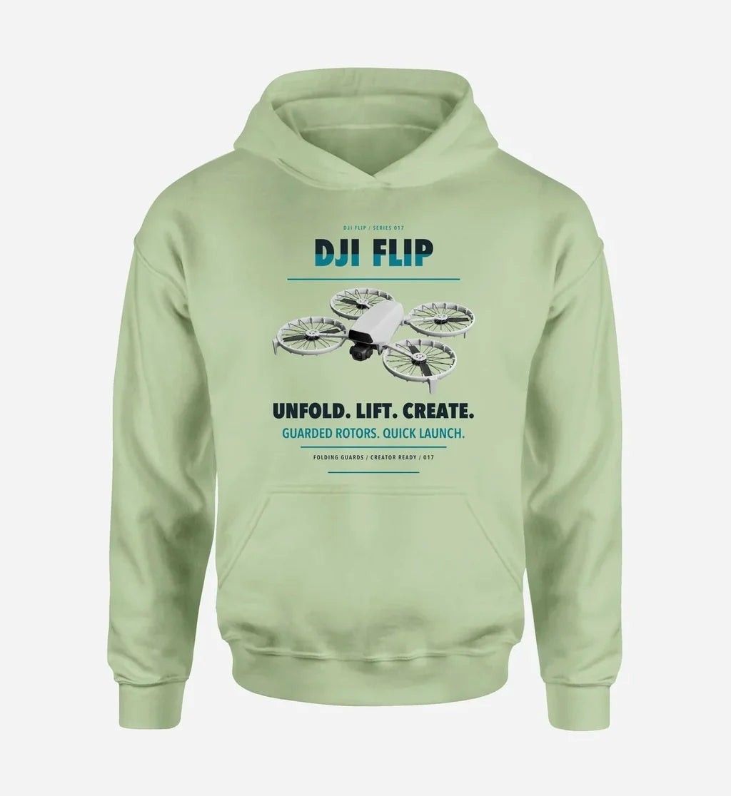 DJI Flip design on light green hoodie single side