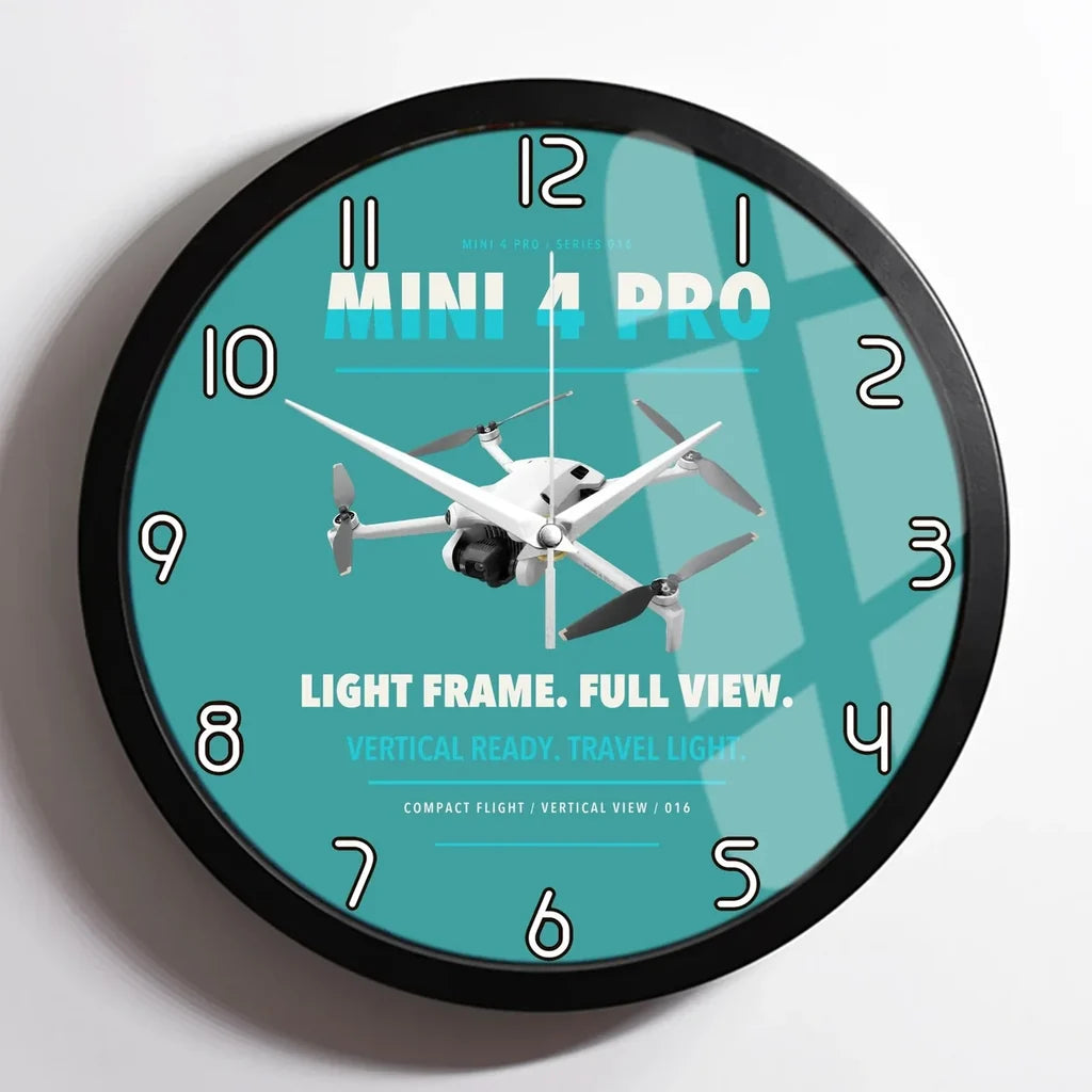 DJI Mini 4 Pro design on turquoise framed wall clock