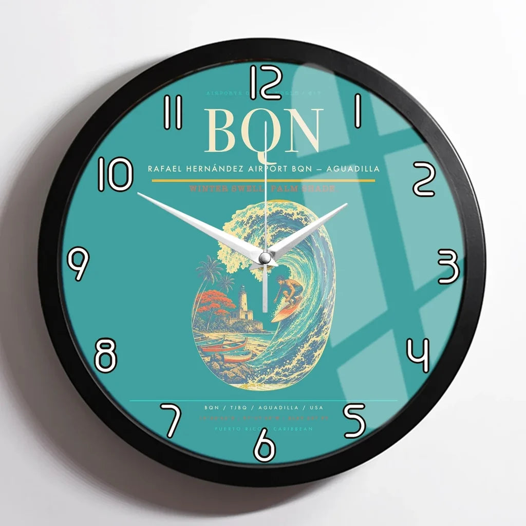 Rafael Hernández Airport (BQN) design on turquoise framed wall clock