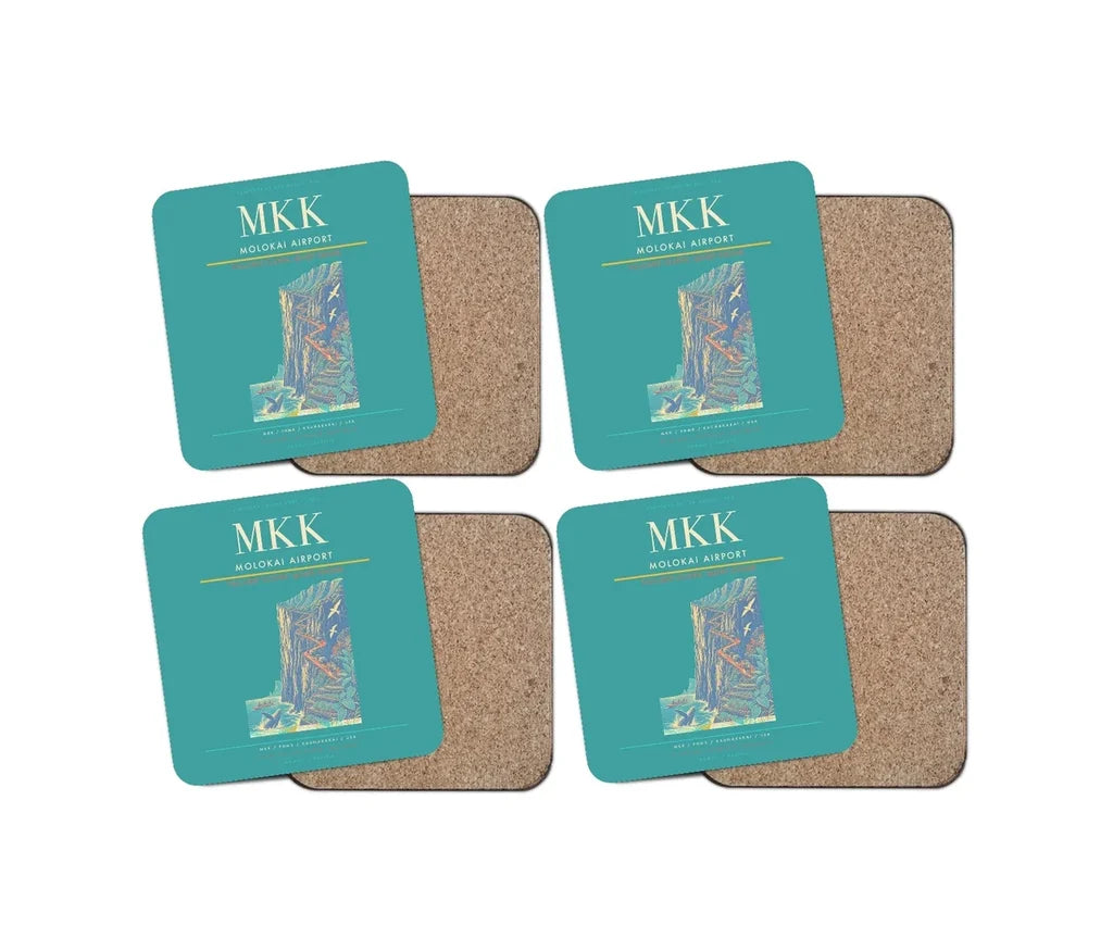 Molokai Airport (MKK) design on turquoise 4 pieces set coaster