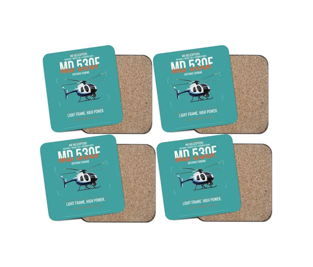 MD Helicopters MD 530F design on turquoise 4 pieces set coaster