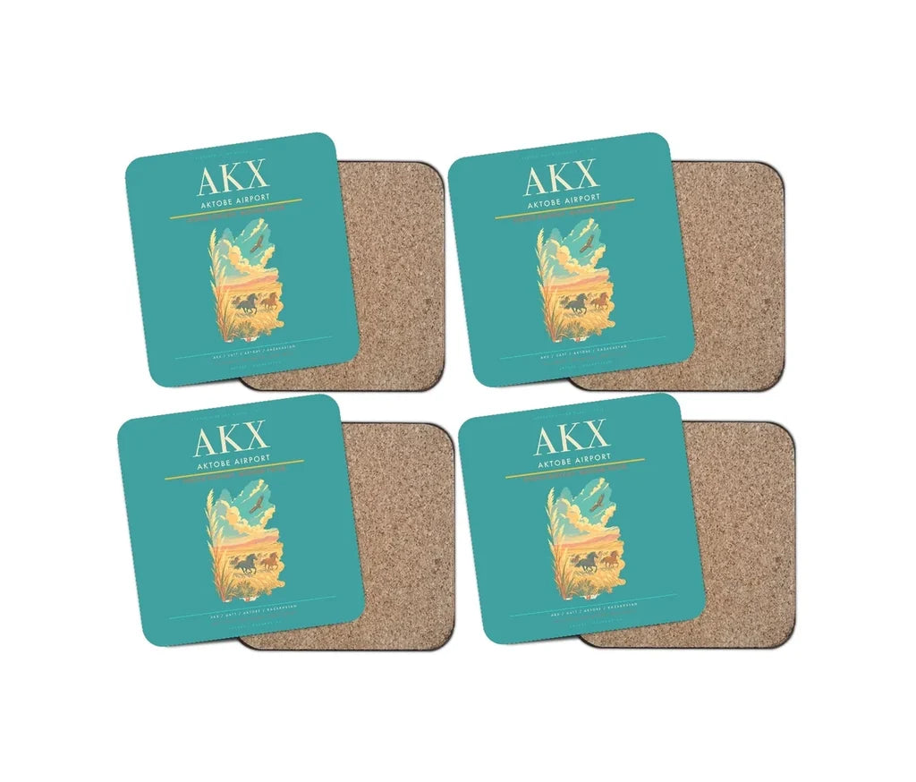 Aktobe Airport (AKX) design on turquoise 4 pieces set coaster