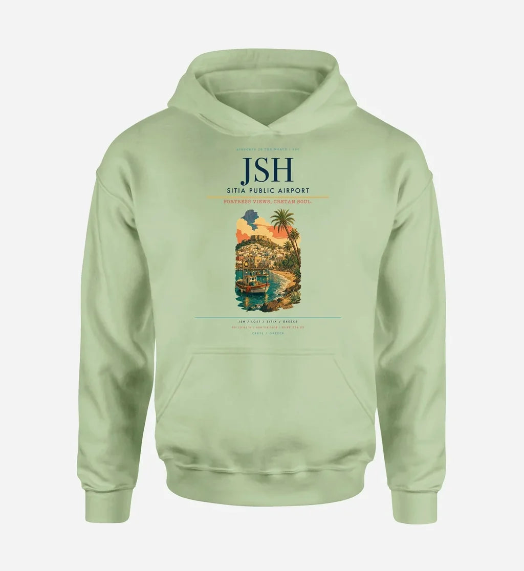 Sitia Public Airport (JSH) design on light green hoodie single-side print