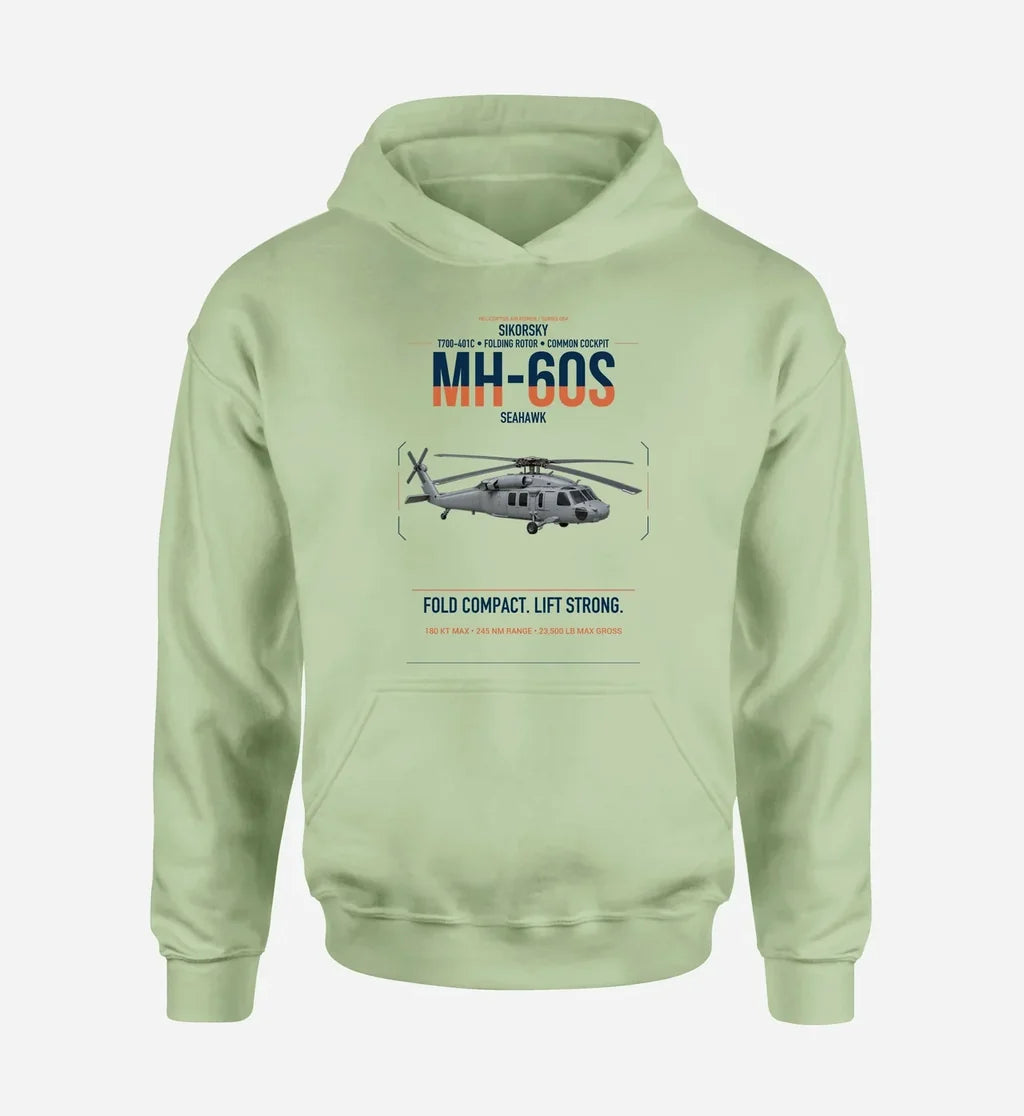 Sikorsky MH-60S Seahawk design on light green double-side hoodie, single-side print