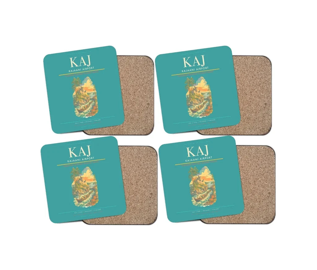 Kajaani Airport (KAJ) design on turquoise 4 pieces set coaster