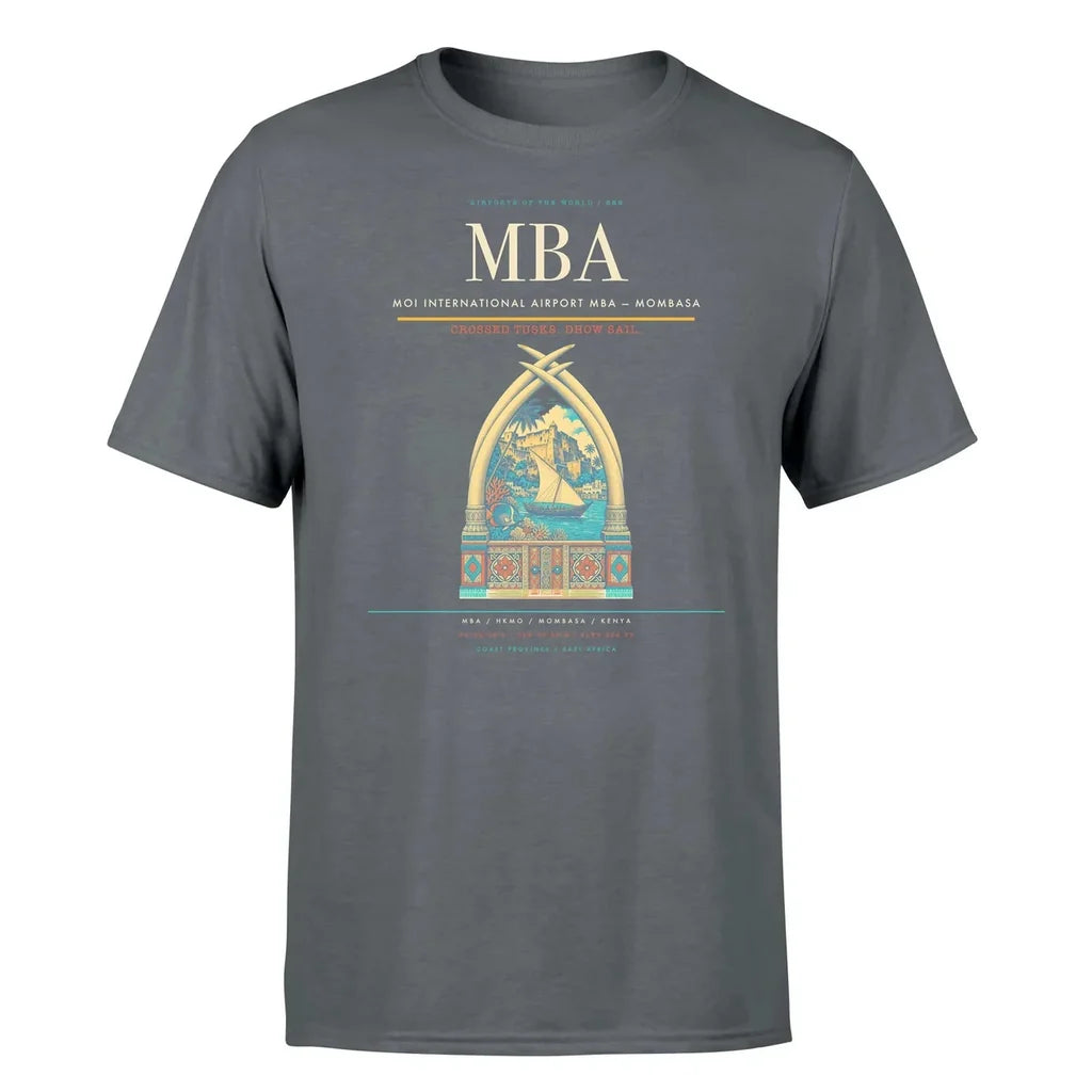Moi International Airport (MBA) T-Shirt single-side front print in Gray | moi-international-airport-mba-double-side-t-shirt