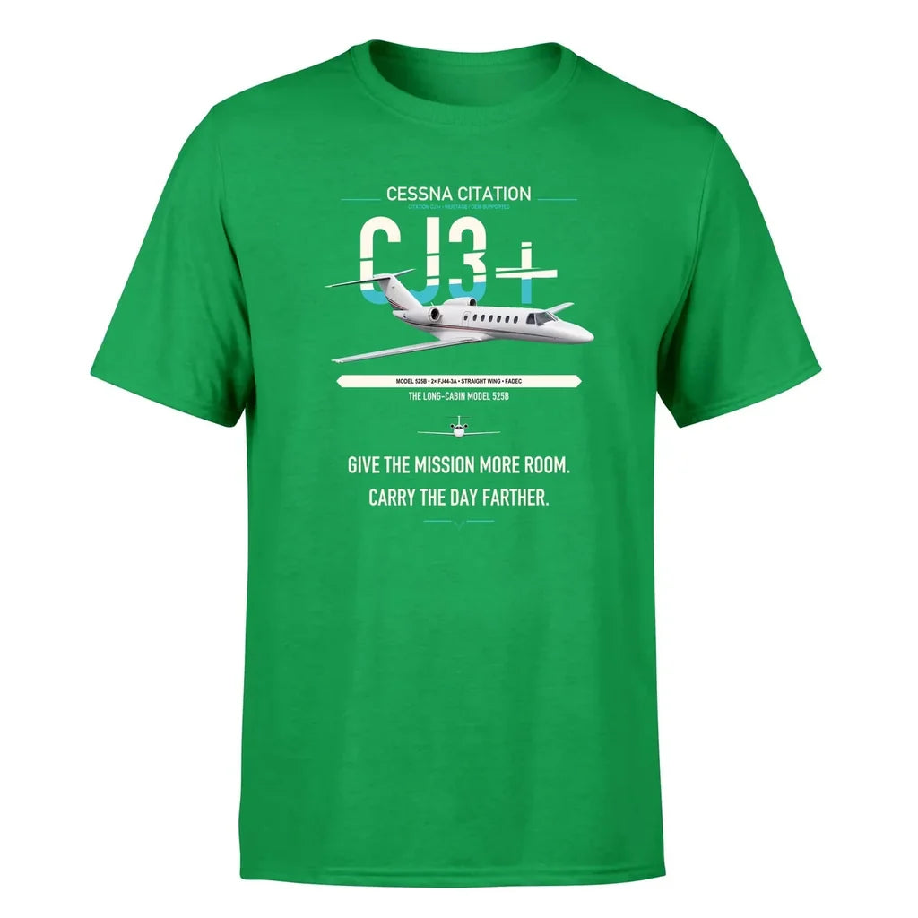 Cessna Citation CJ3+ design on green double-side t-shirt, single-side print