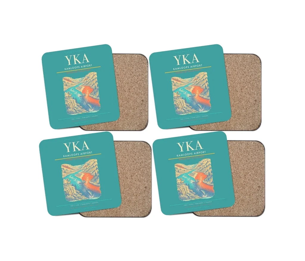 Kamloops Airport (YKA) design on turquoise 4 pieces set coaster