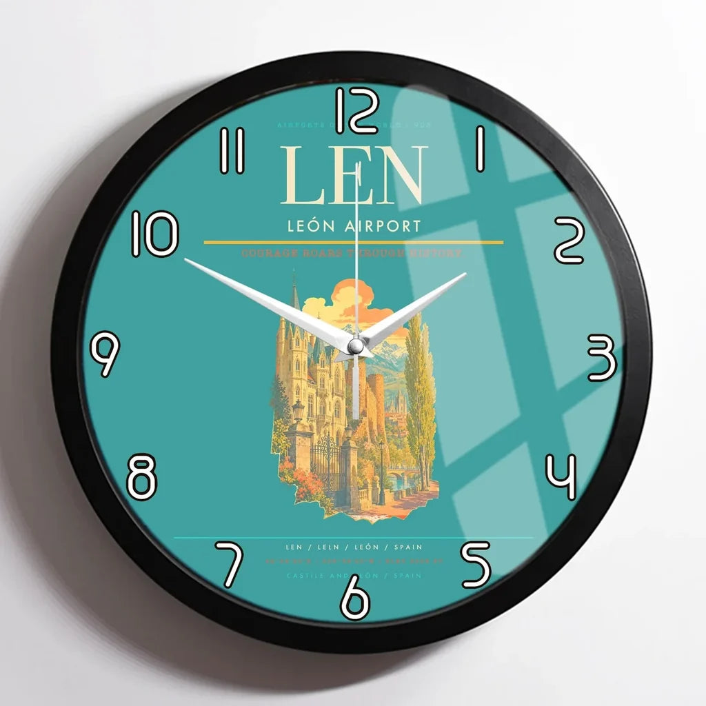 León Airport (LEN) design on turquoise framed wall clock