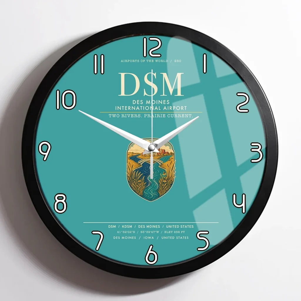 Des Moines International Airport (DSM) design on turquoise framed wall clock