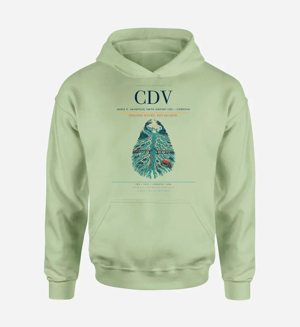 Merle K. (Mudhole) Smith Airport (CDV) design on light green hoodie single-side print